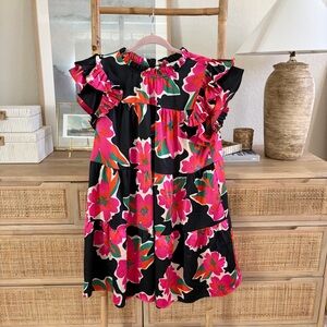 JODIFL Black Pink Floral Mini Tiered Dress Sz Large